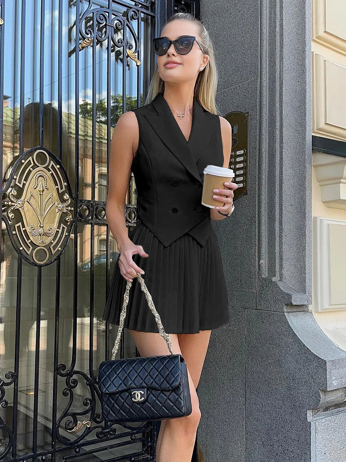 Suit Waistcoat Pleated Mini Skirt Set S Black