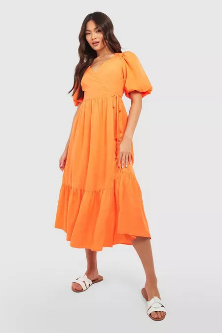 Wrap Puff Sleeve Midaxi Dress - M / Orange