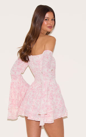 Pink Floral Bardot Flare Sleeve Playsuit