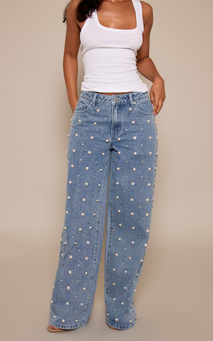 Petite Mid Blue Pearl Embellishment Jean