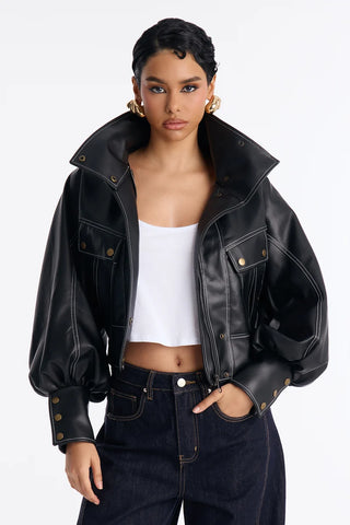 Run It Back Wide Funnel Neck Faux Leather Jacket