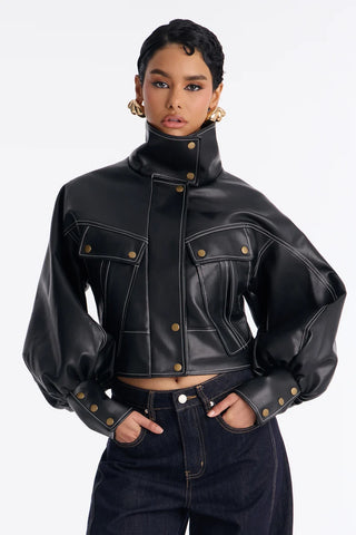 Run It Back Wide Funnel Neck Faux Leather Jacket