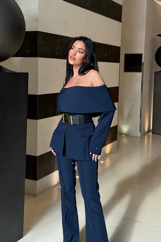 Bethany Off Shoulder Belted Pant Set - Navy