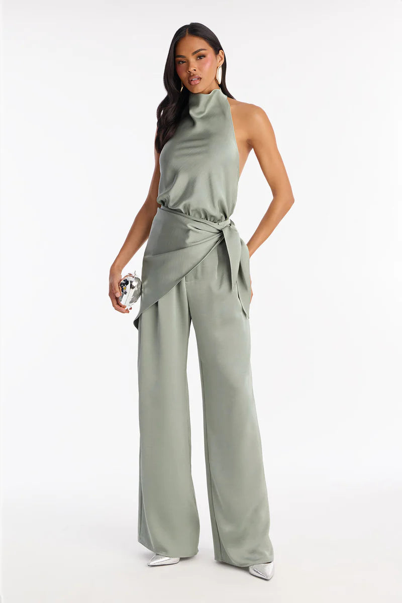 Hailey Satin Halter Bodysuit 3 Piece Pant Set