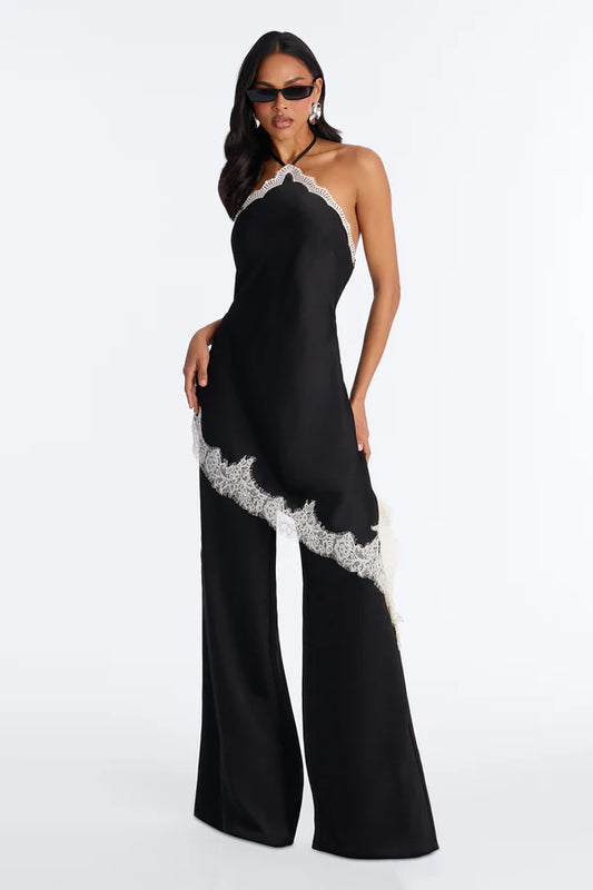 Bella Rose Draped Lace Trim Jumpsuit