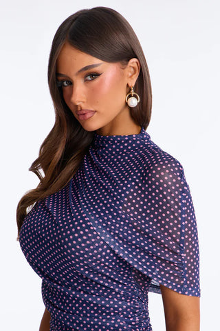 Kendall Mesh Polka Dot Mock Neck Short Sleeve Top