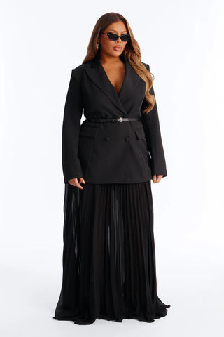 Aria Belted Long Sleeve Blazer Pleated Skirt Set