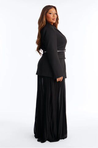 Aria Belted Long Sleeve Blazer Pleated Skirt Set