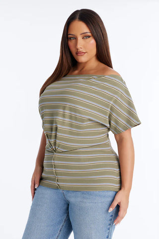 Katie Striped Off Shoulder Short Sleeve Fitted Top