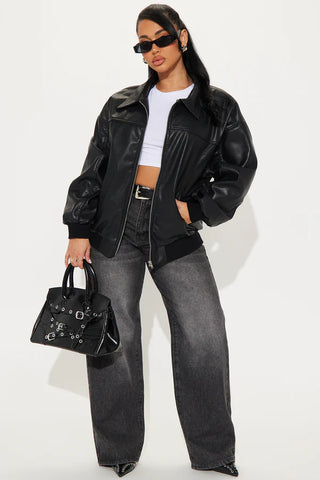 Ellie Oversized Faux Leather Bomber Jacket
