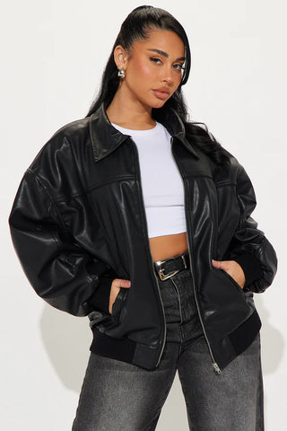 Ellie Oversized Faux Leather Bomber Jacket