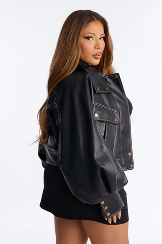 Run It Back Wide Funnel Neck Faux Leather Jacket