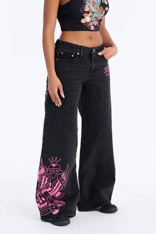 Ed Hardy Skull Flower Wide Leg Jeans