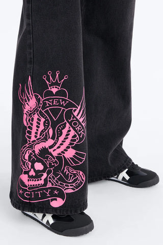 Ed Hardy Skull Flower Wide Leg Jeans