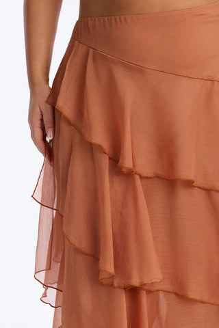 Eliza Asymmetrical Tiered Ruffle Midi Skirt - Cognac