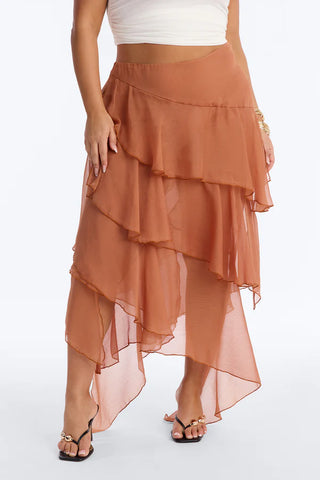 Eliza Asymmetrical Tiered Ruffle Midi Skirt - Cognac