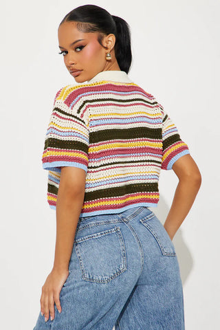 Coasting Through Striped Crochet Shirt - Multi Color