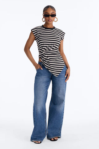 Malia Striped Asymmetrical Ruched Short Sleeve Top