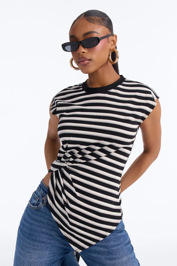 Malia Striped Asymmetrical Ruched Short Sleeve Top