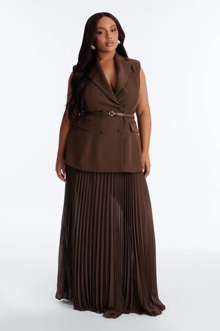 Aria Belted Blazer Pleated Maxi Skirt Set