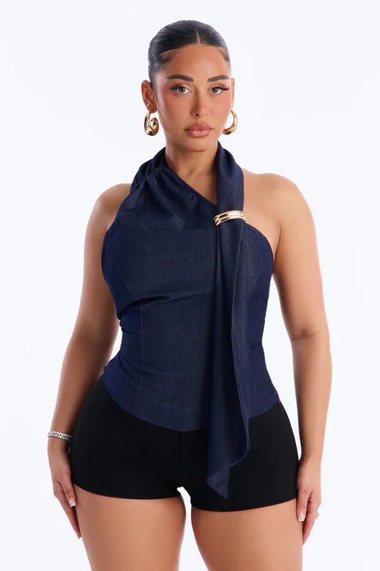 No Off Days Hardware Scarf Denim Halter Top