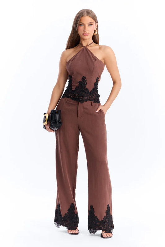 Mindy Halter Lace Trim Linen Pant Set