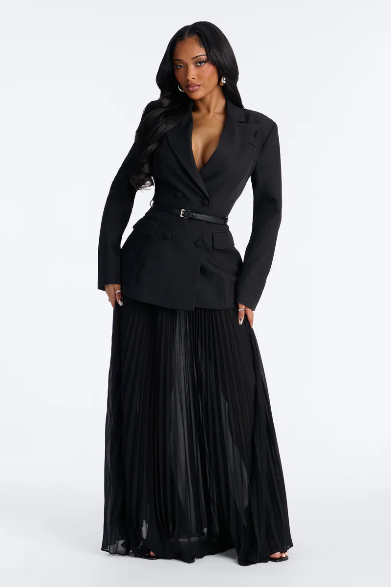 Aria Belted Long Sleeve Blazer Pleated Skirt Set
