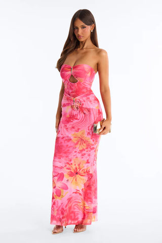 Tropical Bliss Cut Out Mesh Maxi Dress - Pink/combo
