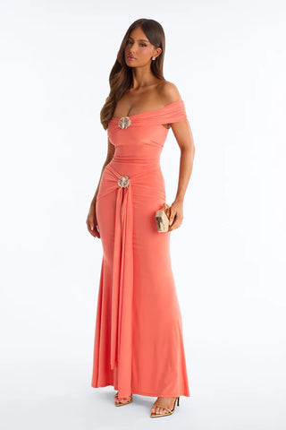 Blushed Petals Asymmetrical Maxi Dress - Coral