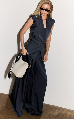 Navy Pleated High Rise Wide Leg Trousers