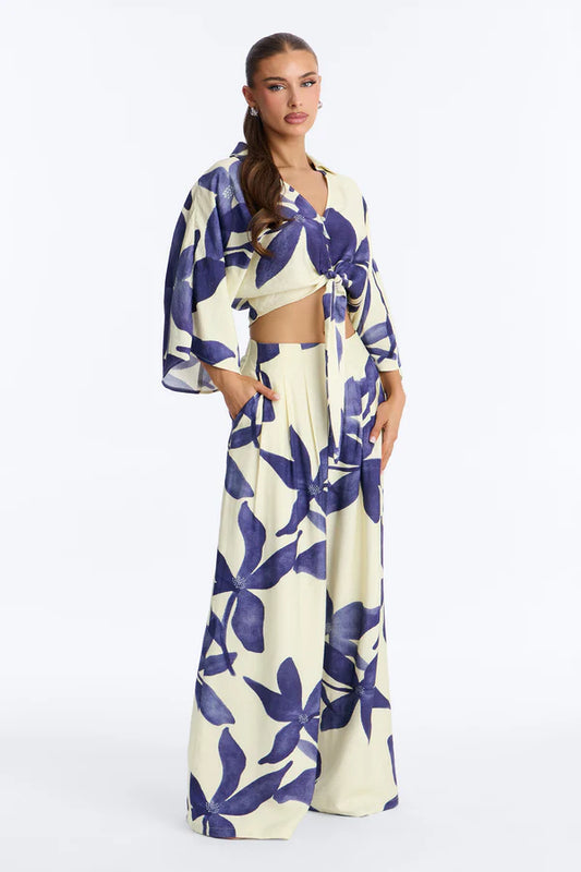 Floral Desire Linen Pant Set - Blue/combo