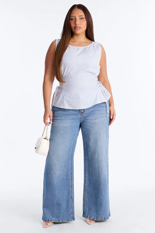 Collecting Sunsets Lace Up Pinstripe Top
