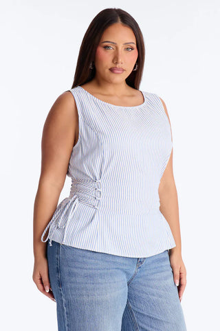 Collecting Sunsets Lace Up Pinstripe Top