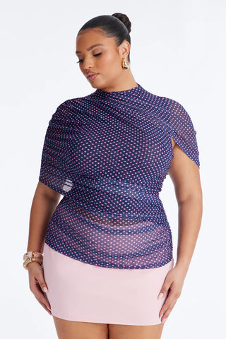 Kendall Mesh Polka Dot Mock Neck Short Sleeve Top