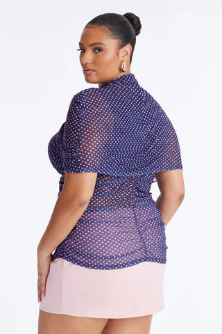 Kendall Mesh Polka Dot Mock Neck Short Sleeve Top