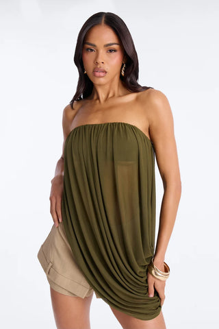 Bora Bora Nights Ruched Asymmetrical Mesh Top