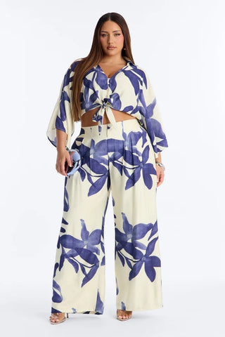 Floral Desire Linen Pant Set - Blue/combo