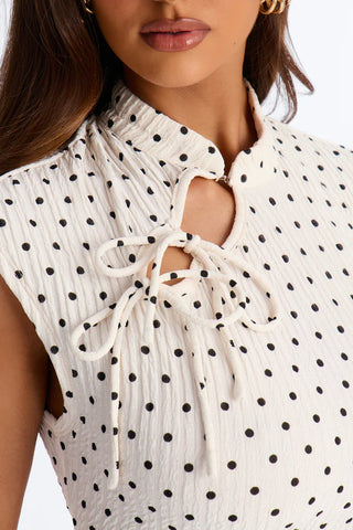 Mina Textured Polka Dot Mock Neck Short Sleeve Top