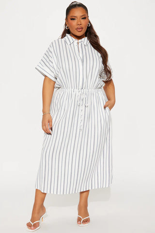 Casual Day Pinstripe Linen Midi Dress