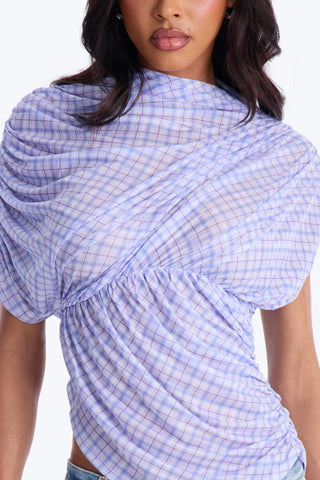 Picnic Date Plaid Mesh Ruched Short Sleeve Top - Lavender/combo