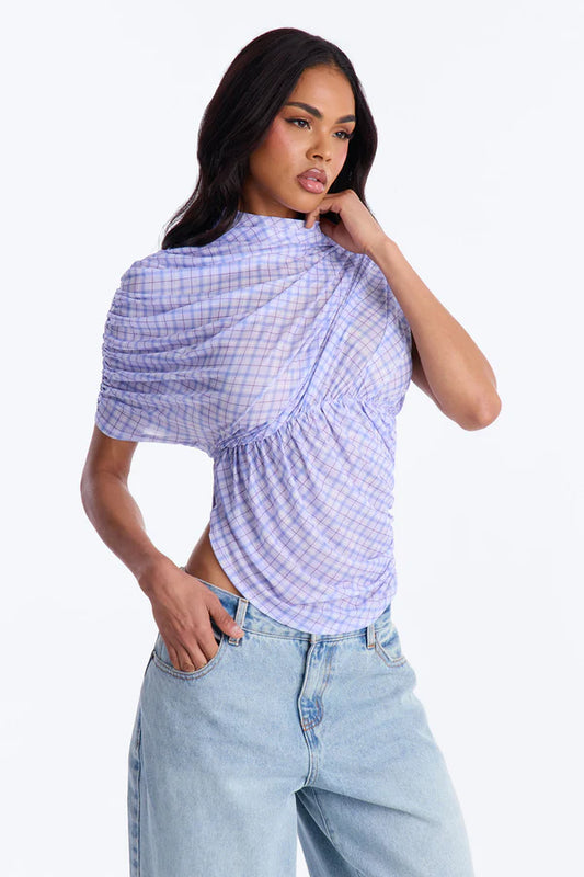 Picnic Date Plaid Mesh Ruched Short Sleeve Top - Lavender/combo