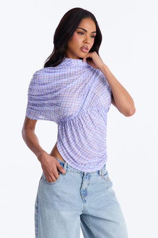 Picnic Date Plaid Mesh Ruched Short Sleeve Top - Lavender/combo