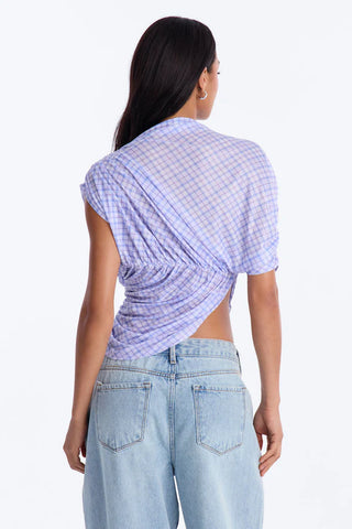 Picnic Date Plaid Mesh Ruched Short Sleeve Top - Lavender/combo