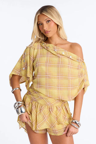 Come Closer Plaid One Shoulder Skirt Set