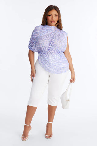 Picnic Date Plaid Mesh Ruched Short Sleeve Top - Lavender/combo