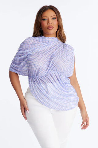 Picnic Date Plaid Mesh Ruched Short Sleeve Top - Lavender/combo