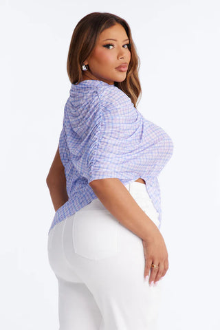 Picnic Date Plaid Mesh Ruched Short Sleeve Top - Lavender/combo