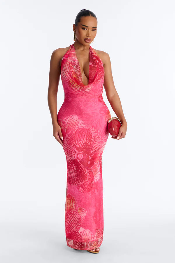 Tropic Muse Halter Mesh Maxi Dress - Pink/combo