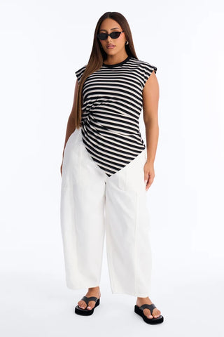 Malia Striped Asymmetrical Ruched Short Sleeve Top