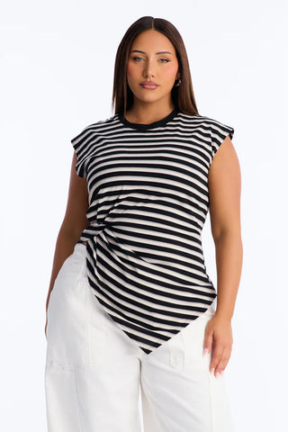 Malia Striped Asymmetrical Ruched Short Sleeve Top